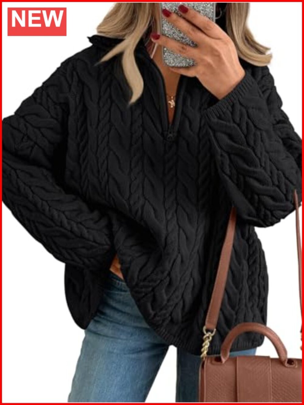 Oversized Cable Knit Quarter Zip Pullover Sweater Cotton Acrylic